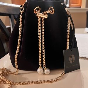 House of Harlow small black velvet bucket bag with gold and pearl details